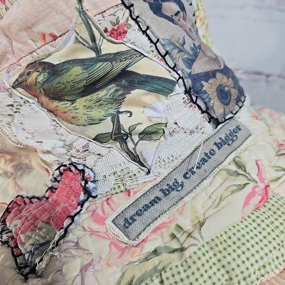 OOAK Magnolia Boho Quilt Top Hat Indie Upcycled Frida Bird Vtg Cat Adjusts L-S - Picture 2 of 14